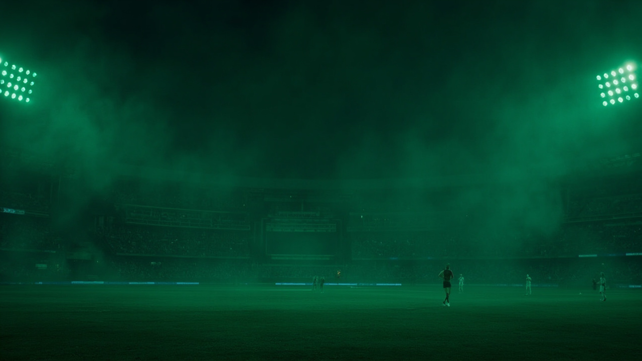 Rupee11 Fantasy bankroll management banner — emerald-green IPL 2026 stadium at night with stake-chips and a cricket bat forming the silhouette of the Rupee1F logo