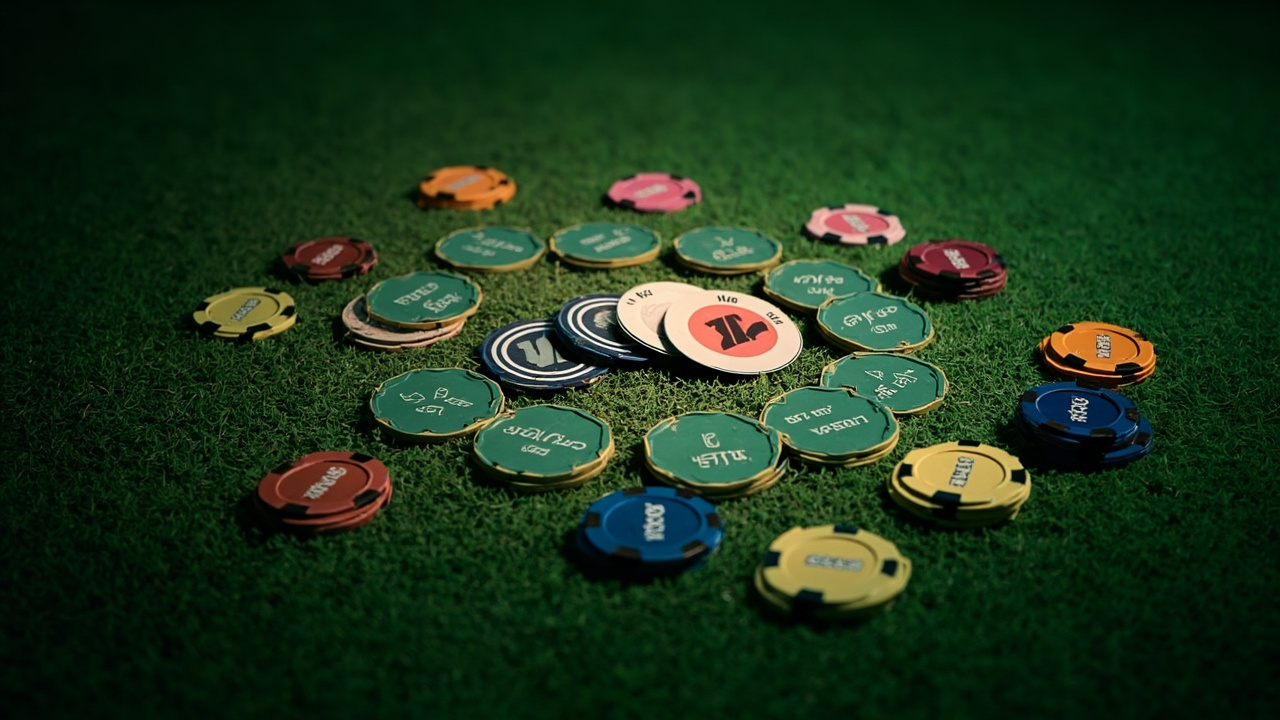 Editorial illustration showing fantasy cricket bankroll management with cricket coins and stake-chips arranged in the 7% Kelly pattern, Rupee11 Fantasy emerald-green palette