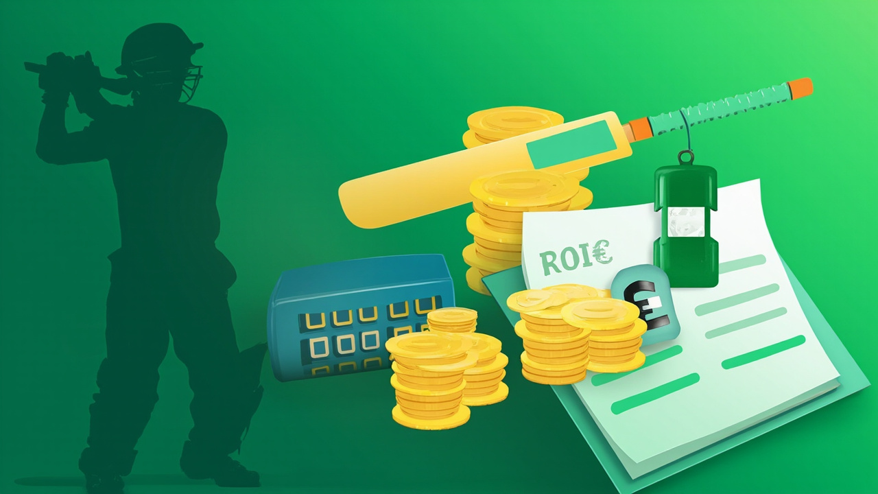 Editorial illustration of fantasy cricket captain-pick ROI math — calculator, ledger book, cricket bat silhouette, emerald-green and gold Rupee11 Fantasy palette