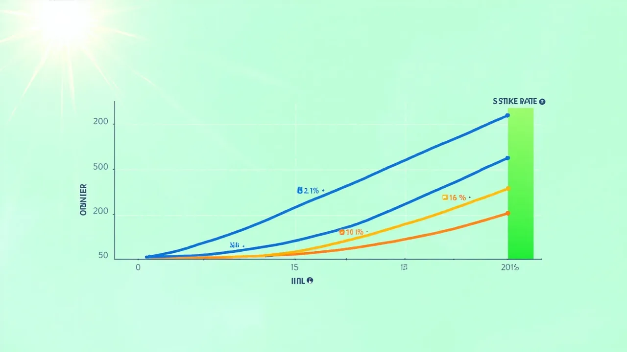 Editorial illustration showing the 4 powerplay captain-math input bands, with opener strike-rate plotted against ownership percentage, on Rupee11 Fantasy emerald-green palette