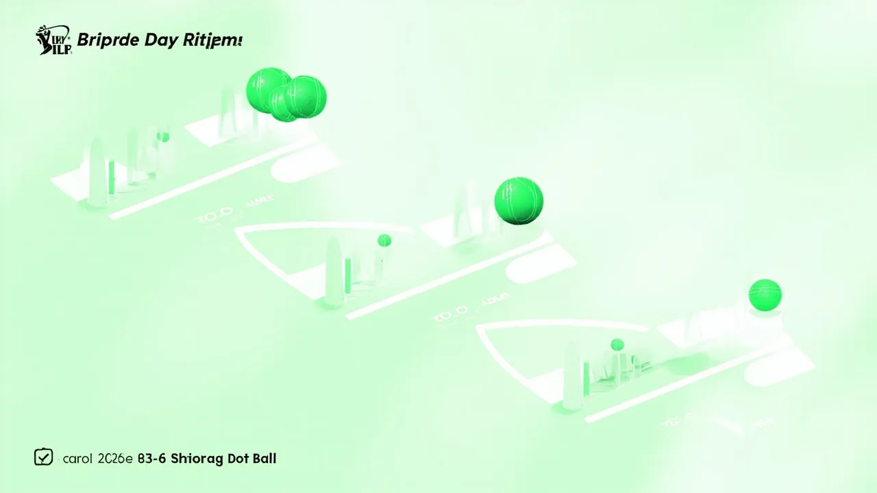 Editorial illustration showing the fantasy cricket powerplay dot-ball cost chart, with 4 dot balls (median) vs 12 dot balls (anchored) outcomes plotted on Rupee11 Fantasy emerald-green palette
