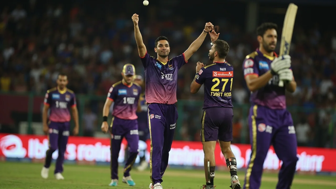 Medium tactical scene of a T20 match in progress: fielding captain and bowler confer near the stumps with the batter waiting at the crease, set against an outfield view of the stadium