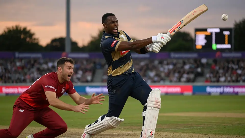 Cricket pace bowler in mid-delivery stride under stadium lights with shallow depth of field